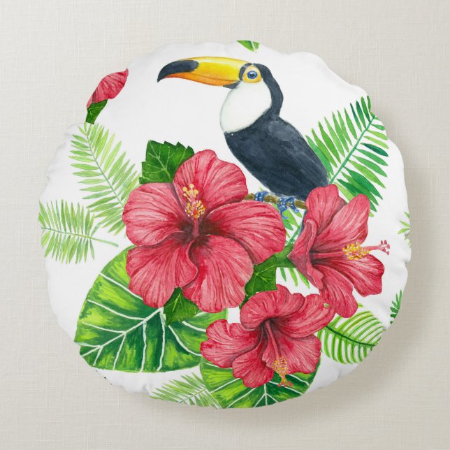 Toucan en tropical bouquet rond kussen (Voorkant)