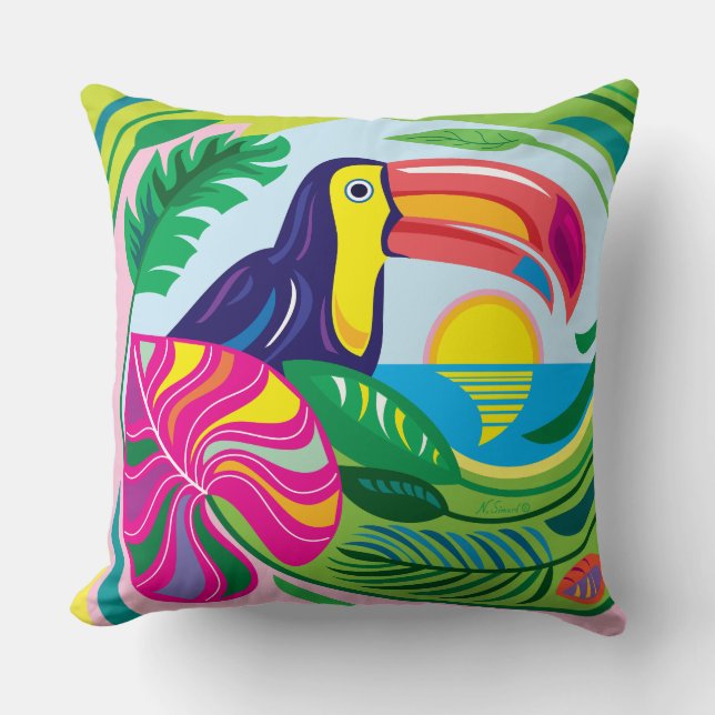 Toucan en tropische bladeren kussen (Voorkant)