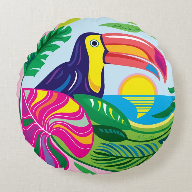 Toucan en tropische bladeren rond kussen (Voorkant)
