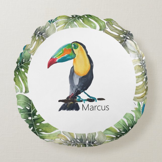 Toucan Exotische Waterverf Illustratie Rond Kussen (Voorkant)
