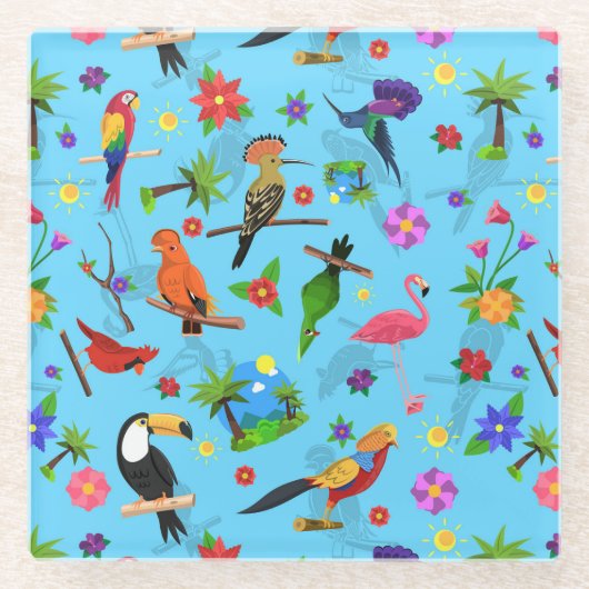 Toucan Flamingo and Arara Seamless Birds Pattern Glazen Onderzetter (Voorkant)