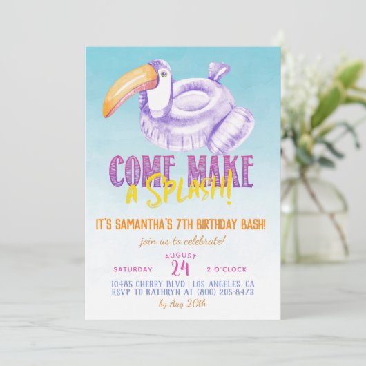Toucan Float Pool Summer Birthday Invitation Kaart (Staand voorkant)