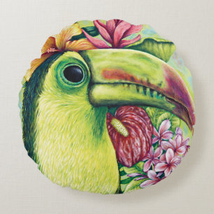 Toucan Groene Tropische Hawaiaanse Kunst Ronde Kus Rond Kussen