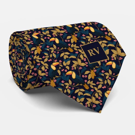 Toucan Loofwerk op Navyblauw Stropdas (Opgerold)