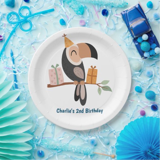 Toucan met party petten en geschenken papieren bordje (Feest)