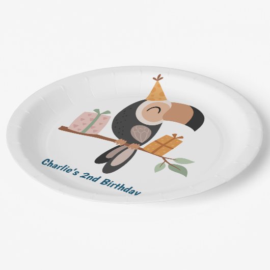 Toucan met party petten en geschenken papieren bordje (Gekanteld)