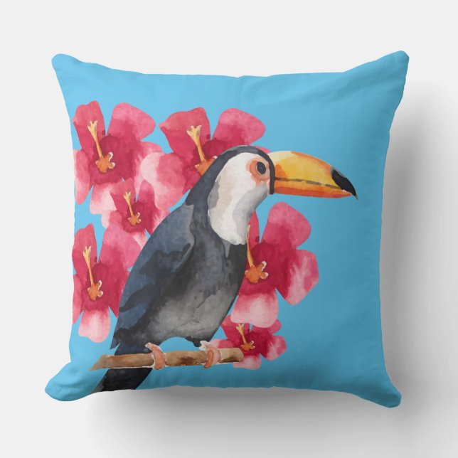 Toucan met Red Tropical Flowers Kussen (Voorkant)