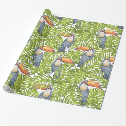 Toucan Oerwoud Bird Tree Leatern Pattern Cadeaupapier (Uitgerold)