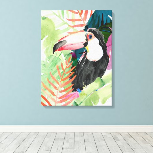 Toucan-portret met tropische bladeren canvas afdruk (Insitu (Houten vloer))
