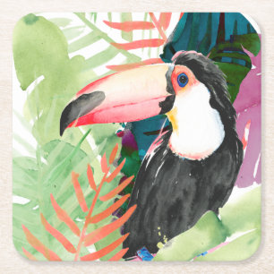 Toucan-portret met tropische bladeren kartonnen onderzetters