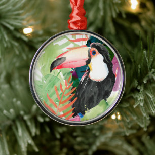 Toucan-portret met tropische bladeren metalen ornament
