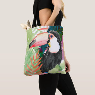 Toucan-portret met tropische bladeren tote bag