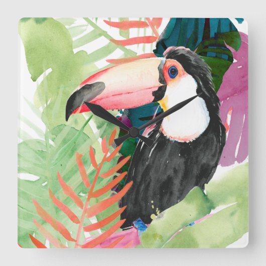 Toucan-portret met tropische bladeren vierkante klok (Voorkant)