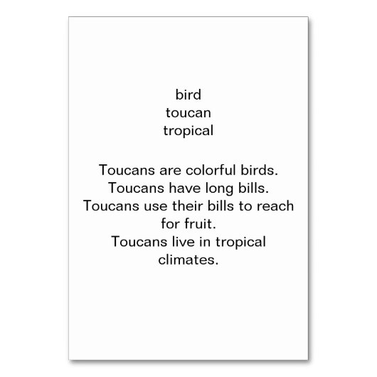 Toucan Tropical Bird Reading Flashcards voor volwa Kaart (Achterkant)