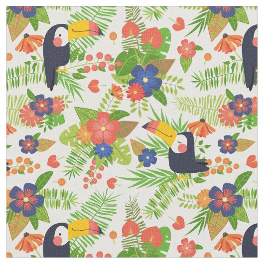 Toucan & Tropical Flowers Stof (Close Up)