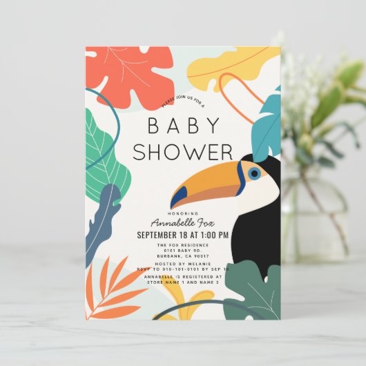 Toucan Tropical Leaf Gender-neutraal Baby shower Kaart (Staand voorkant)