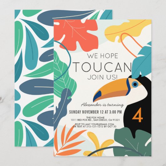 Toucan Tropical Leaf Modern Kids Birthday Kaart (Voorkant / Achterkant)
