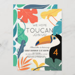 Toucan Tropical Leaf Modern Kids Birthday Kaart<br><div class="desc">Deze schattige uitnodiging van de verjaardagspartij van het kind,  die we hopen te kunnen volgen,  is voorzien van een witte achtergrond met een aantrekkelijke en kleurrijke tropische bladeren. De achterkant kenmerkt een witte achtergrond met groene bladpatronen. Pas uw wensen aan. Je kunt meer overeenkomende producten vinden in mijn winkel.</div>