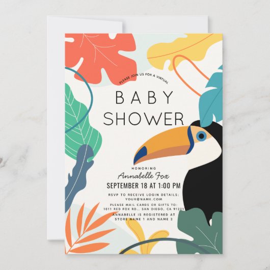 Toucan Tropical Leaf Virtual Baby shower Kaart (Voorkant)