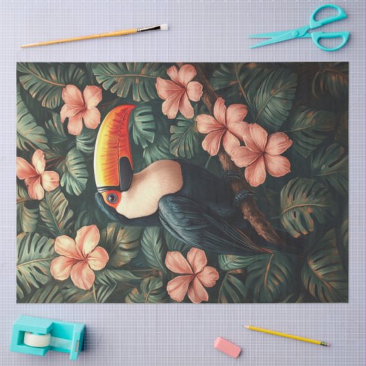 Toucan Tropische Roze Bloemen Schilderij Decoupage Tissuepapier (Craft)
