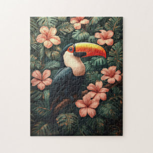 Toucan Tropische Roze Bloemen Schilderij Legpuzzel