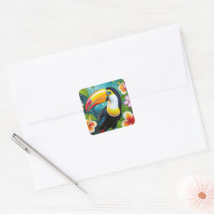 Toucan Tropische Vogel en Hibiscus Bloemen Kleurri Vierkante Sticker