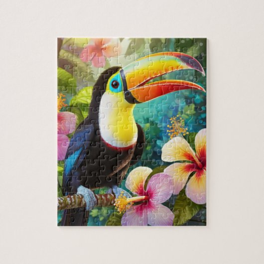 Toucan tropische vogel en hibiscus bloemen legpuzzel (Verticaal)