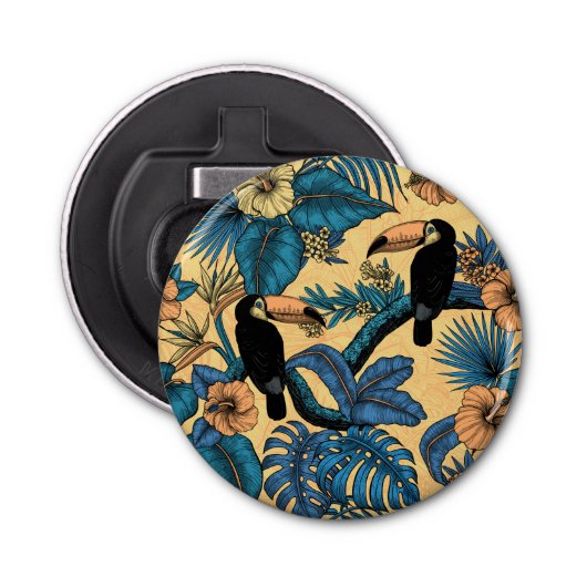 Toucan-tuin in geel en blauw button flesopener (Voorkant)