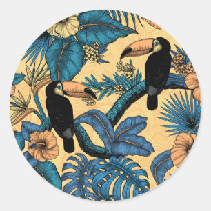 Toucan-tuin in geel en blauw ronde sticker