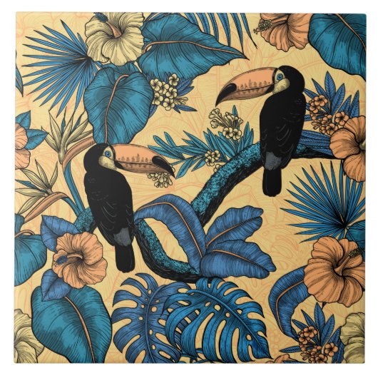 Toucan-tuin in geel en blauw tegeltje (Voorkant)