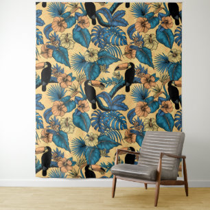 Toucan-tuin in geel en blauw wandkleed