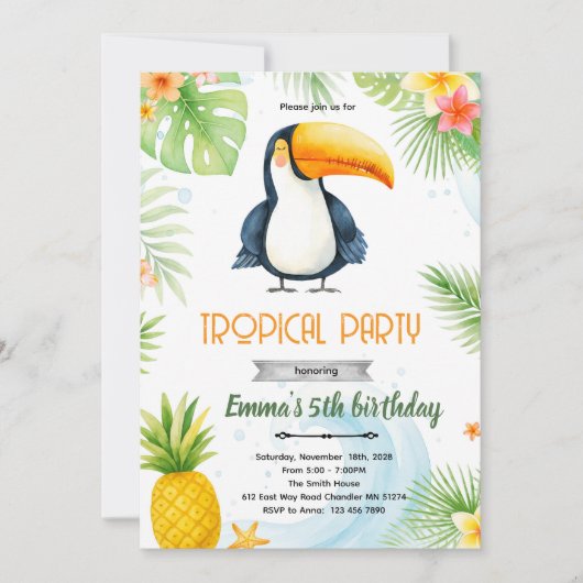 Toucan verjaardagsfeest uitnodiging (Voorkant)