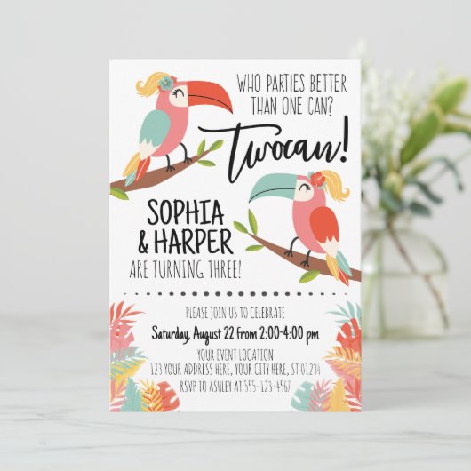 Toucan Verjaardagsuitnodiging Zusters Meisje Twoca Kaart (Staand voorkant)