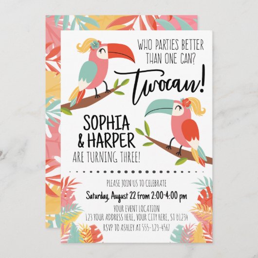 Toucan Verjaardagsuitnodiging Zusters Meisje Twoca Kaart (Voorkant / Achterkant)
