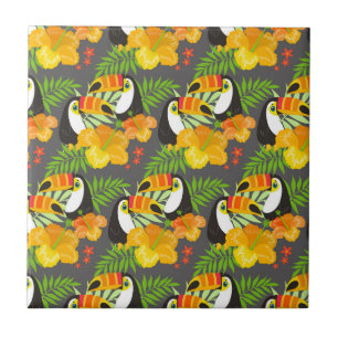 Toucan Vogel Oranje Tropische Bloemen Groene Blade Tegeltje