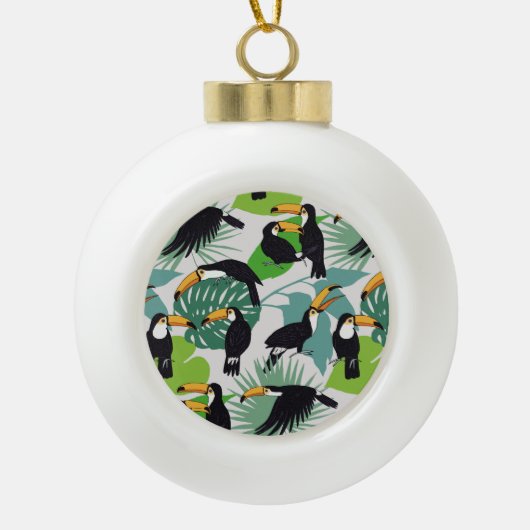 Toucan Vogel: Palmbladeren Patroon Keramische Bal Ornament (Voorkant)