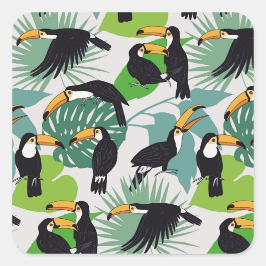Toucan Vogel: Palmbladeren Patroon Vierkante Sticker (Voorkant)