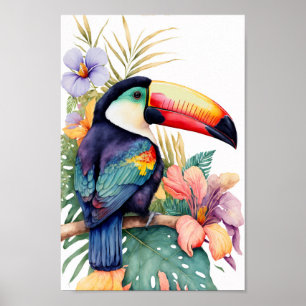 Toucan wall art met tropische bloemen afdrukken poster