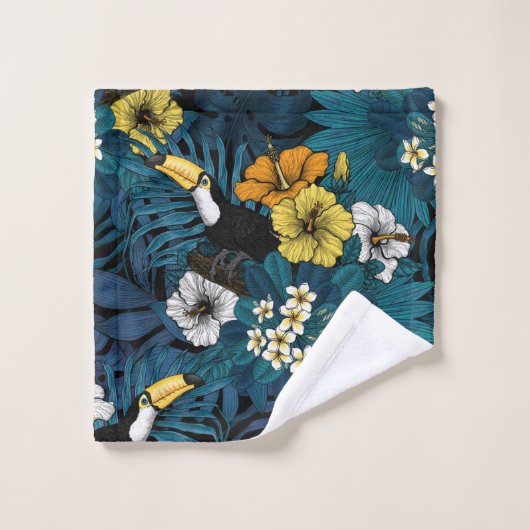 Toucans and tropical flora, blue , yellow , orange bad handdoek (Wasdoekje)