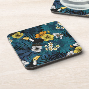 Toucans and tropical flora, blue, yellow, oranje bier onderzetter