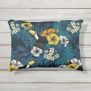 Toucans and tropical flora, blue, yellow, oranje buitenkussen