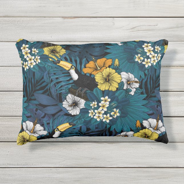 Toucans and tropical flora, blue, yellow, oranje buitenkussen (Voorkant)