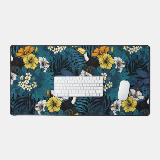 Toucans and tropical flora, blue, yellow, oranje bureaumat (Keyboard & Muis)
