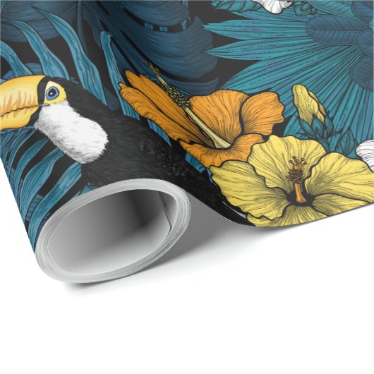 Toucans and tropical flora, blue, yellow, oranje cadeaupapier (Rol Hoek)
