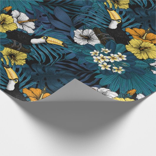 Toucans and tropical flora, blue, yellow, oranje cadeaupapier (Hoek)