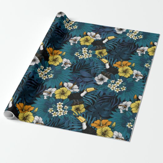 Toucans and tropical flora, blue, yellow, oranje cadeaupapier (Uitgerold)