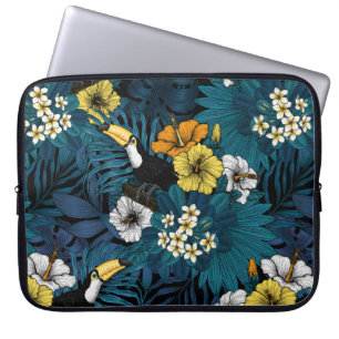 Toucans and tropical flora, blue, yellow, oranje laptop sleeve