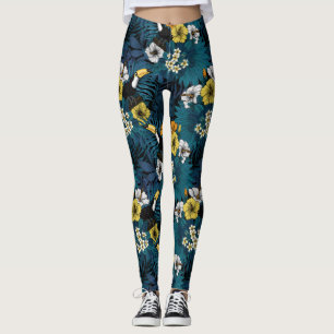 Toucans and tropical flora, blue, yellow, oranje leggings
