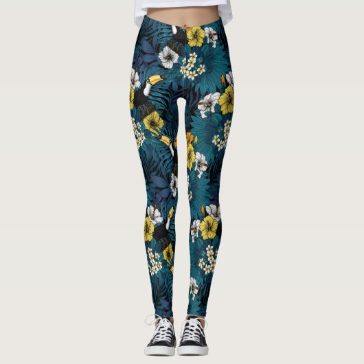 Toucans and tropical flora, blue, yellow, oranje leggings (Voorkant)