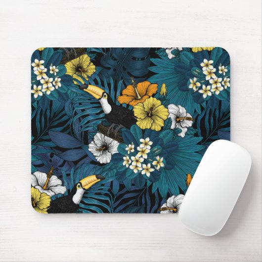 Toucans and tropical flora, blue, yellow, oranje muismat (Met muis)